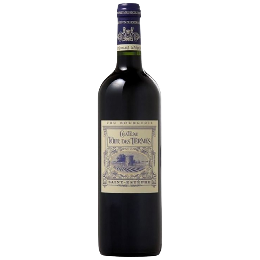 A bottle of Château Tour des Termes Cru Bourgeois Supérieur Saint-Estèphe
