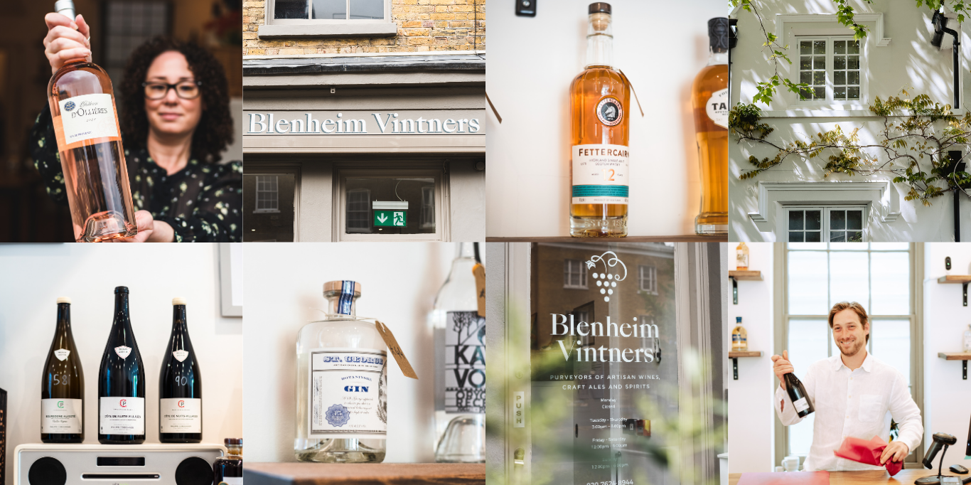 Collage of Blenheim Vintners products including bottles and Sila in a store.