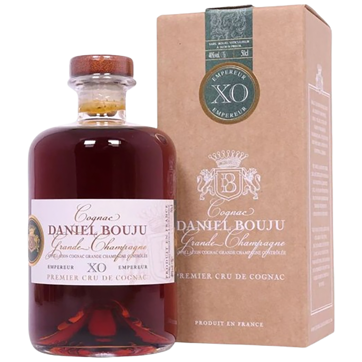 A bottle of Daniel Bouju Cognac Grande Champagne 1er Cru Empereur XO 25 Year Old with a gift box