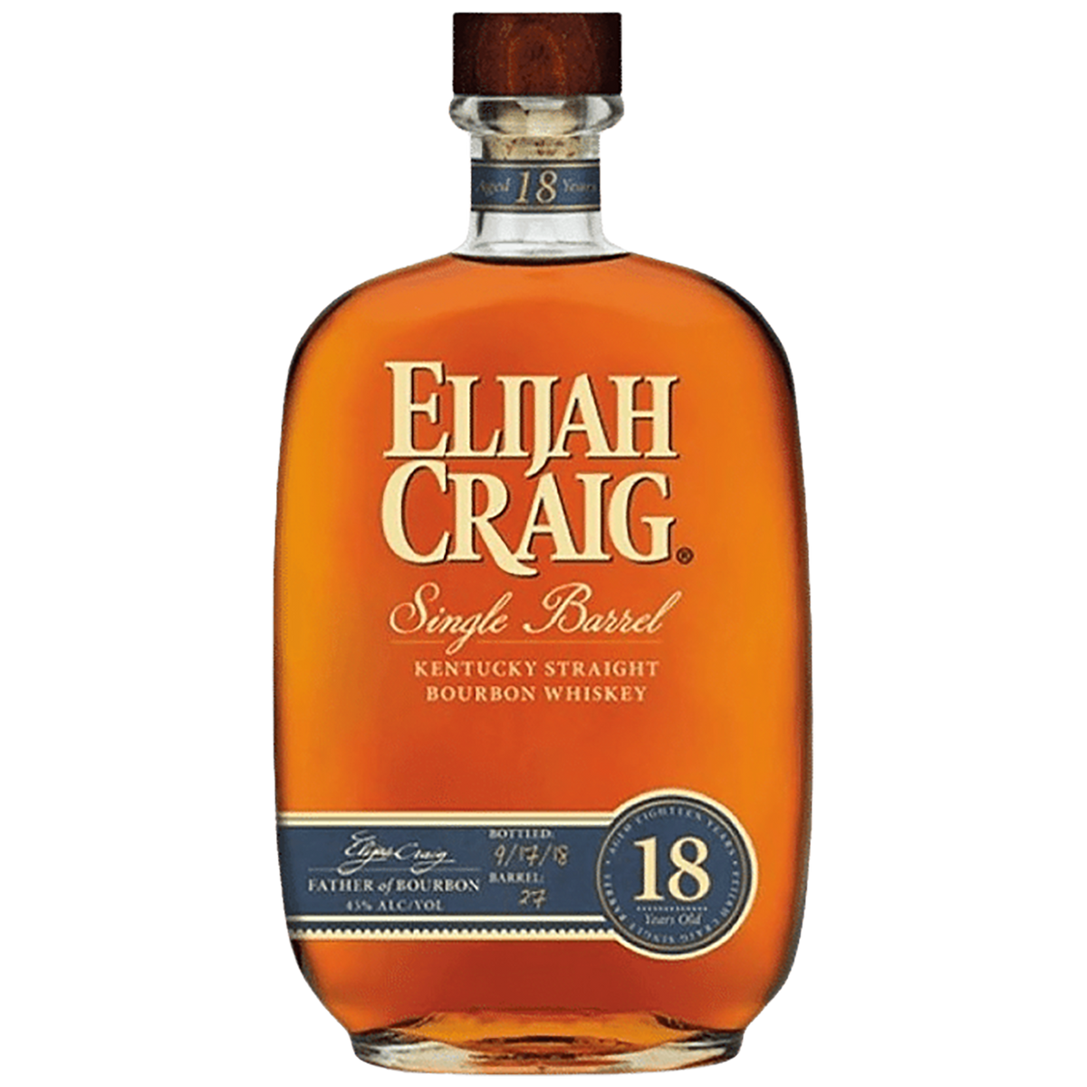 Bottle of Elijah Craig 18 Year Old Straight Bourbon bottle on shelf at Blenheim Vintners London NW8.