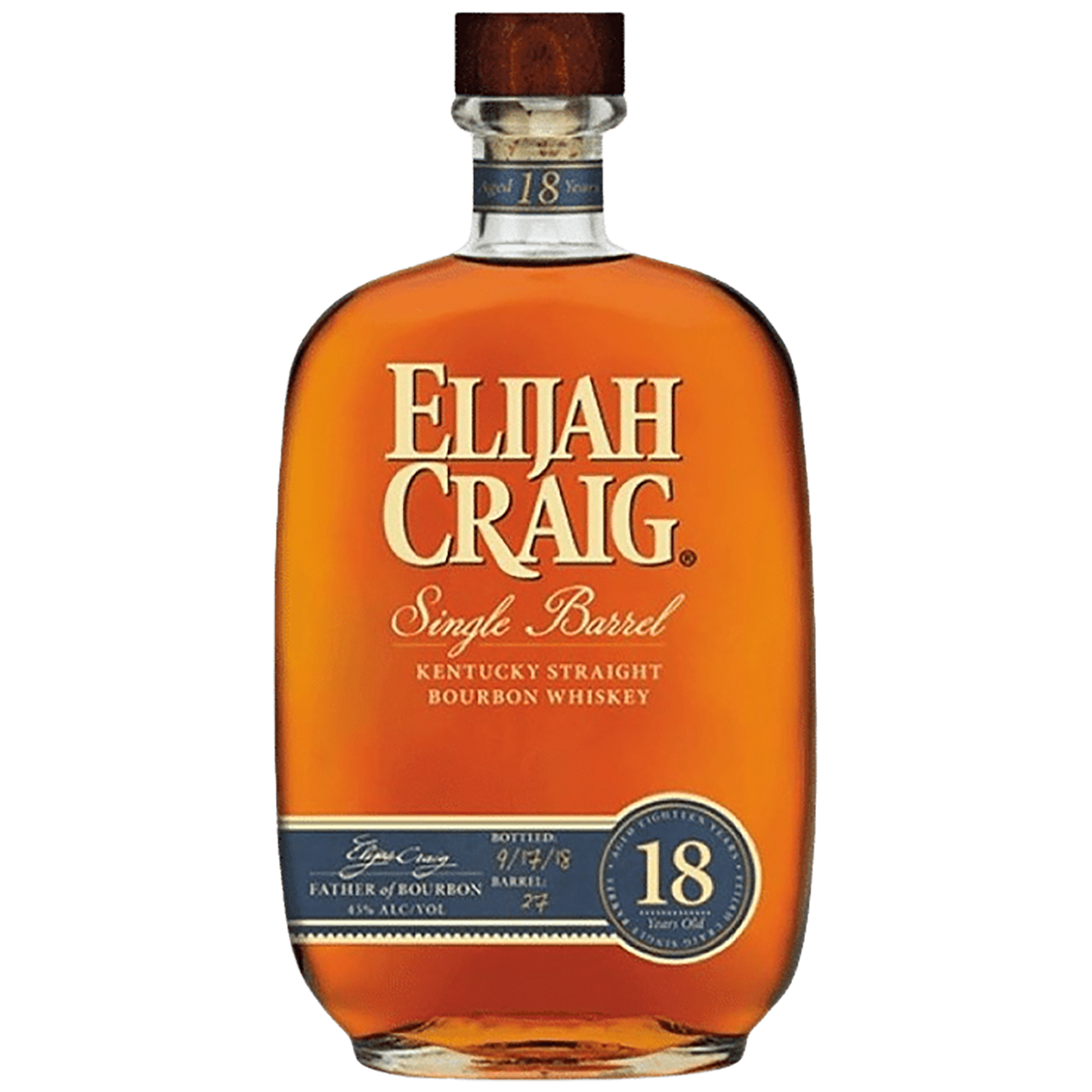 Bottle of Elijah Craig 18 Year Old Straight Bourbon bottle on shelf at Blenheim Vintners London NW8.