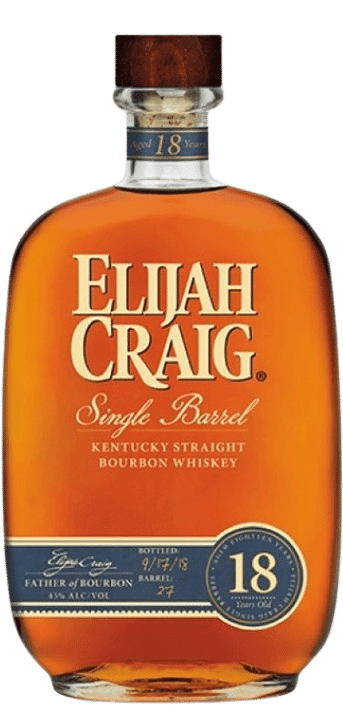 Bottle of Elijah Craig 18 Year Old Straight Bourbon bottle on shelf at Blenheim Vintners London NW8.