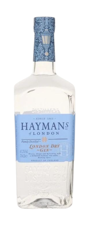 Hayman's London Dry Gin bottle with blue label on a white background
