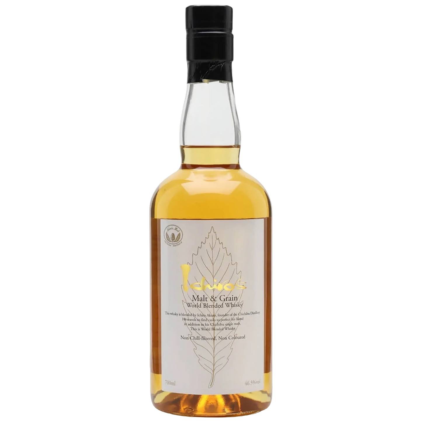A bottle of Ichiro's Malt And Grain World Blended Whisky from Chichibu Distillery
