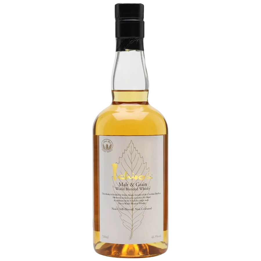 A bottle of Ichiro's Malt And Grain World Blended Whisky from Chichibu Distillery
