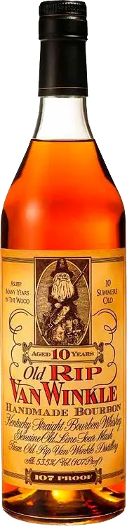 Bottle of Old Rip Van Winkle 10 Year Kentucky straight bourbon whiskey from the Van Winkle range on a shelf at Blenheim Vintners London NW8