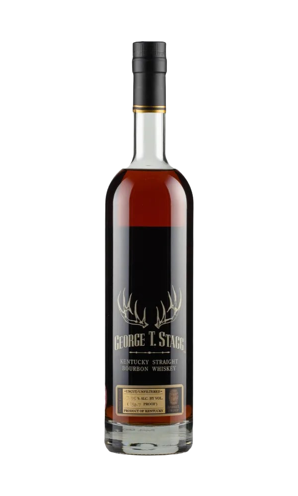 Bottle of George T. Stagg 2025 barrel‑proof Kentucky straight bourbon from Buffalo Trace Antique Collection on a wooden surface at Blenheim Vintners London NW8.