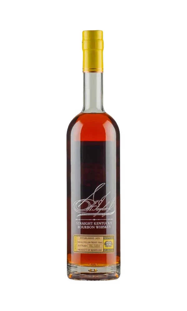 Bottle of Colonel E.H. Taylor Bottled‑in‑Bond Kentucky straight bourbon on the bar at Blenheim Vintners London.