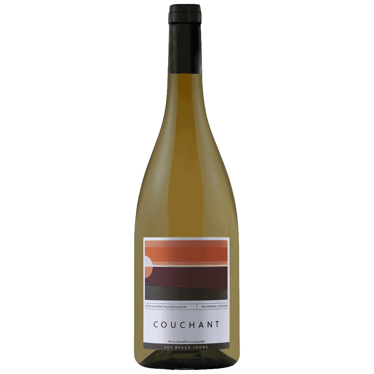 A bottle of Les Beaux Jours Couchant Côtes du Rhône Villages Laudun Blanc