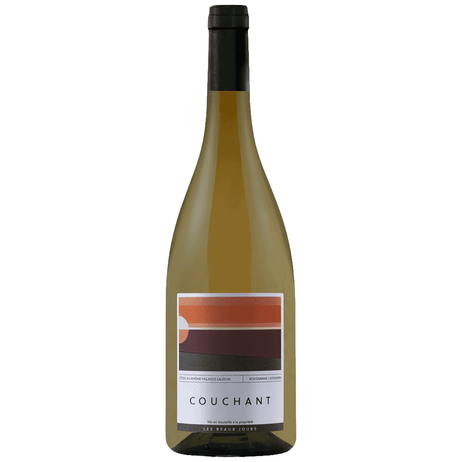 A bottle of Les Beaux Jours Couchant Côtes du Rhône Villages Laudun Blanc