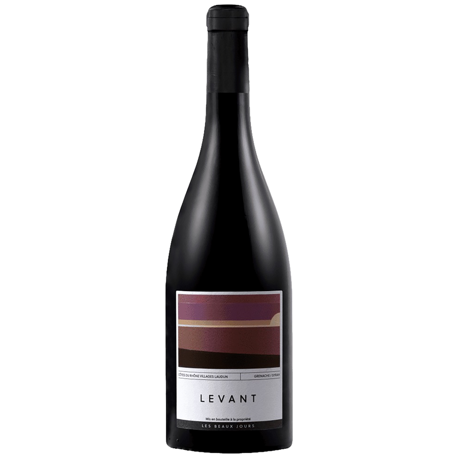 A bottle of Les Beaux Jours Levant Côtes du Rhône Villages Laudun Rouge