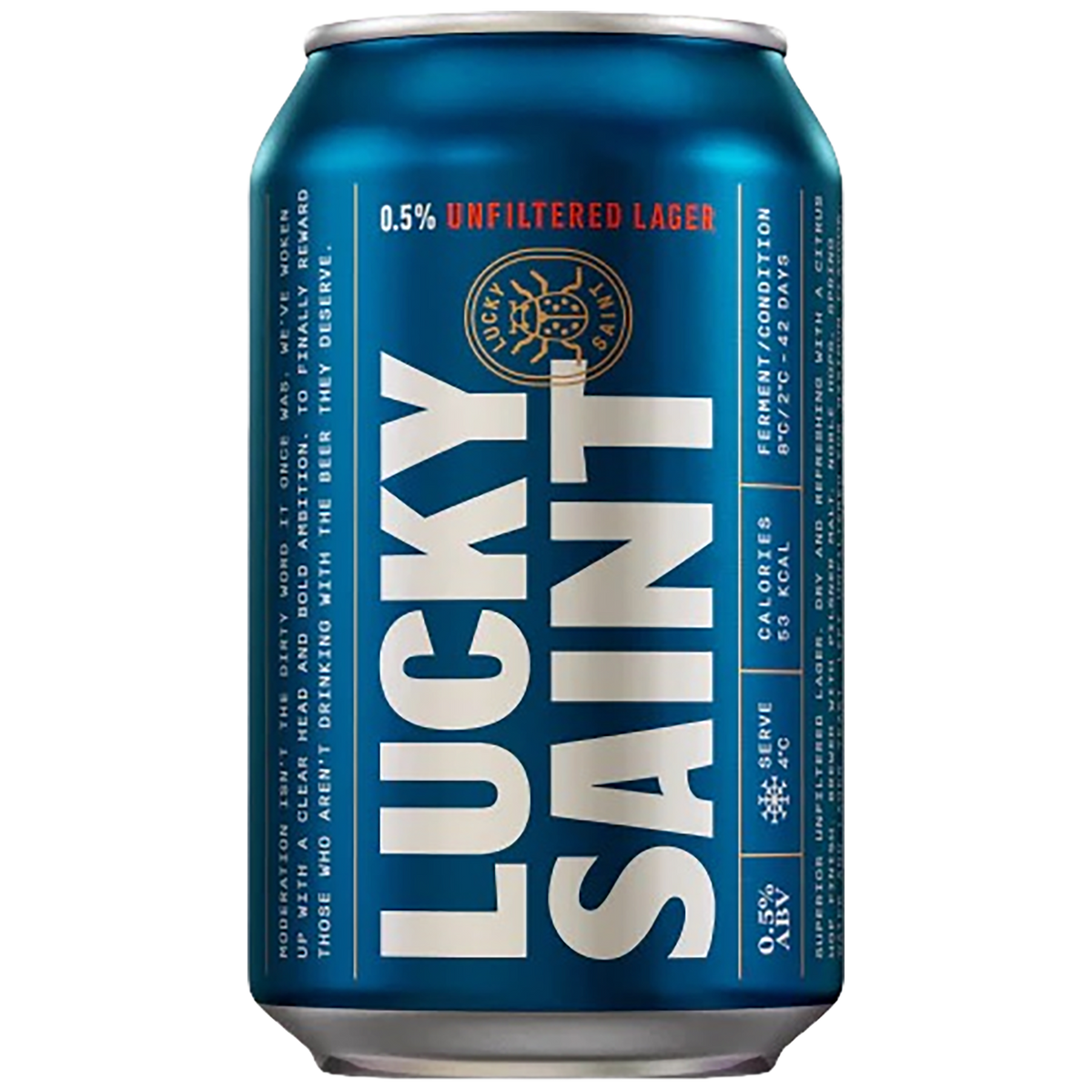 A can of Lucky Saint Unfiltered Lager