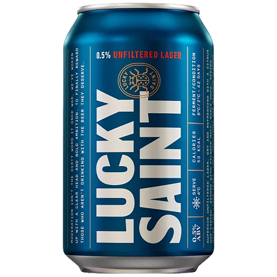 A can of Lucky Saint Unfiltered Lager