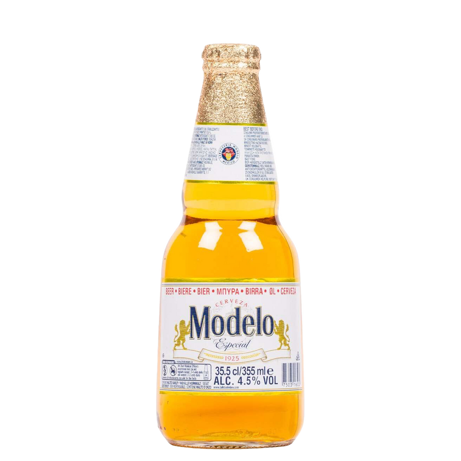 Modelo Especial beer bottle with gold cap on a white background