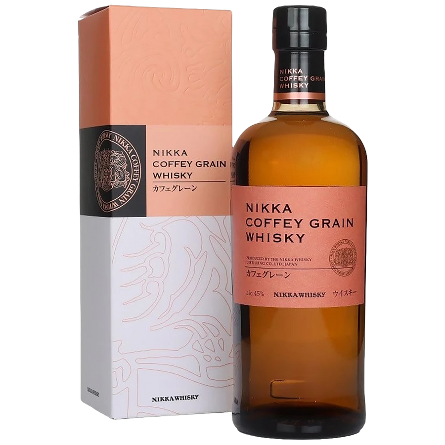 A bottle of Nikka Coffey Grain Whisky with a gift box