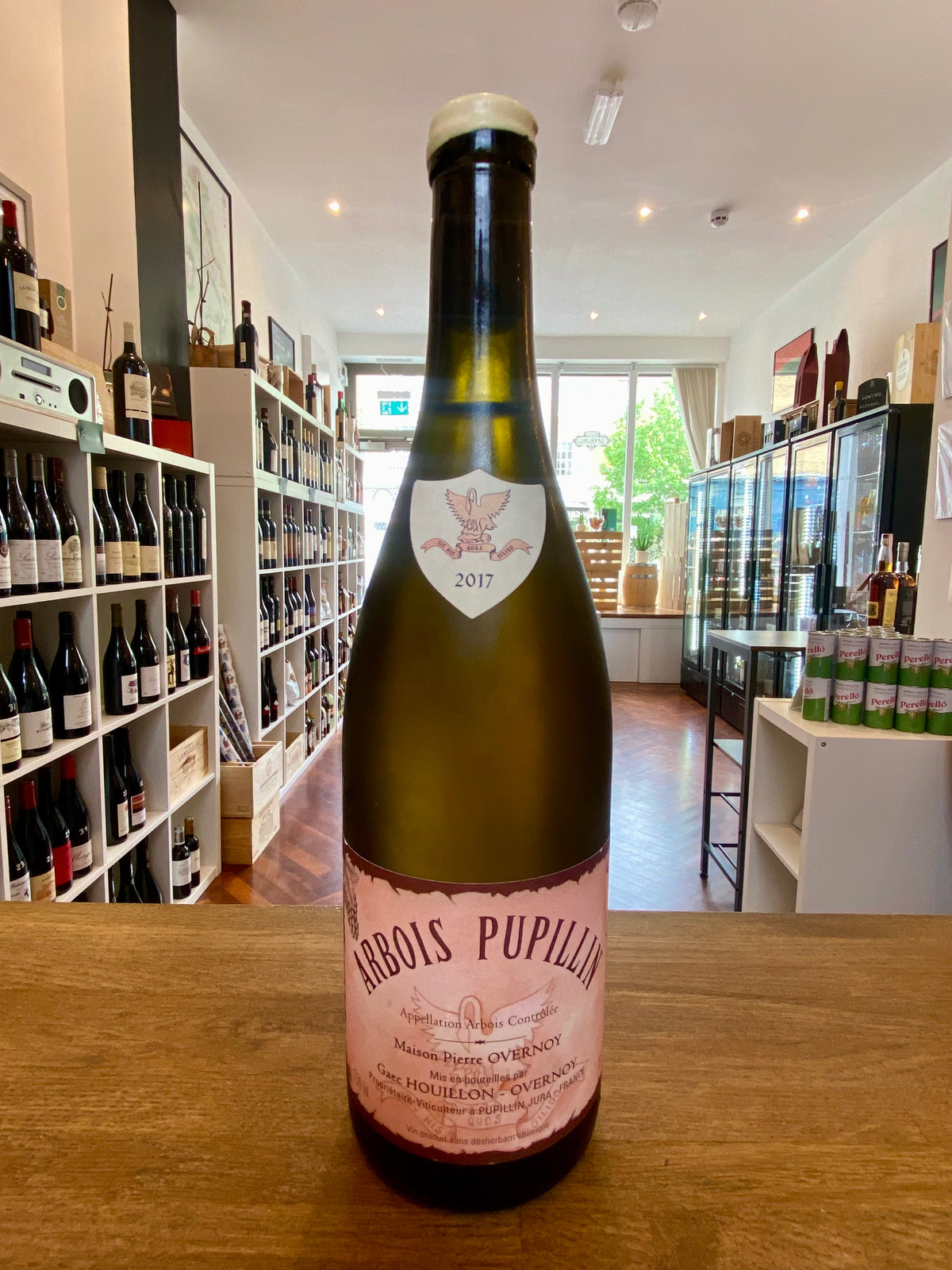 Bottle of Overnoy‑Houillon Arbois Pupillin Chardonnay 2017 white wax from Jura, available at Blenheim Vintners in London St John's Wood.