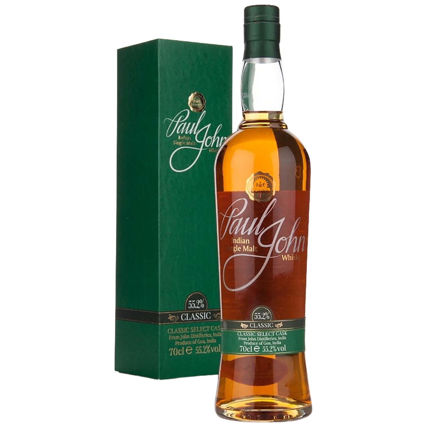 A bottle of Paul John Classic Select Cask Single Malt Whisky with a gift box