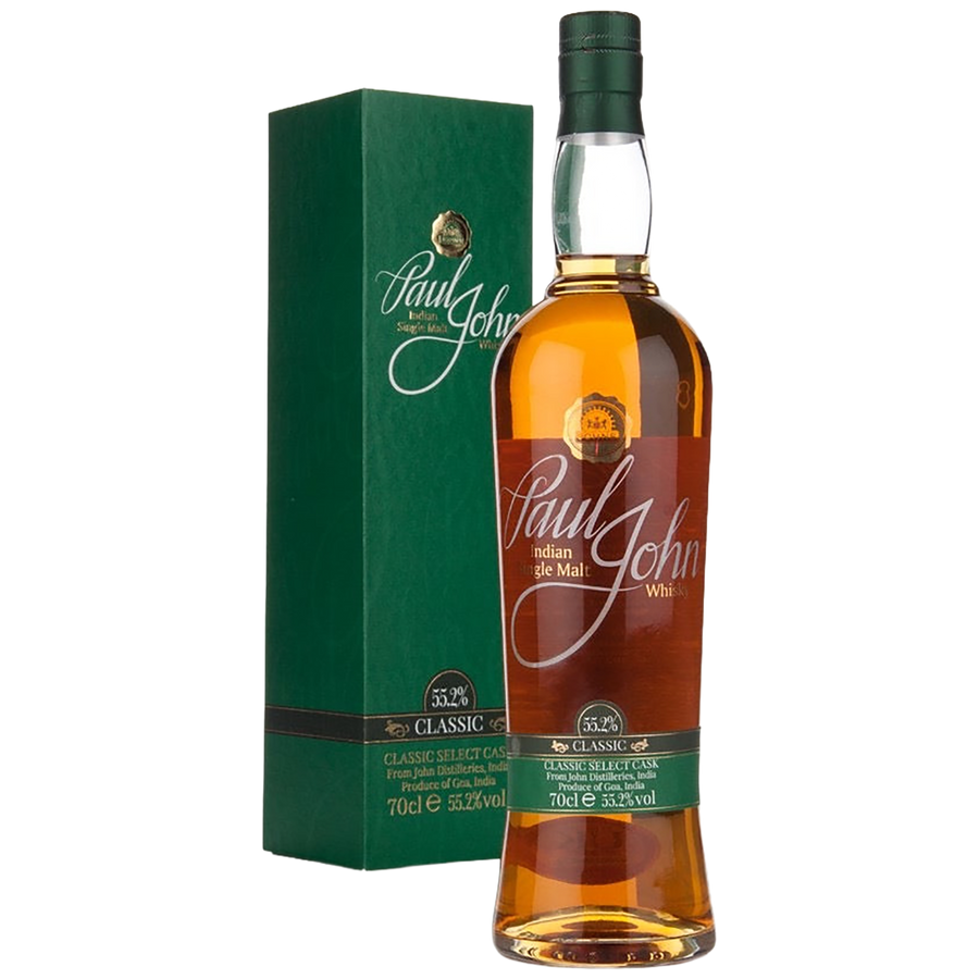 A bottle of Paul John Classic Select Cask Single Malt Whisky with a gift box
