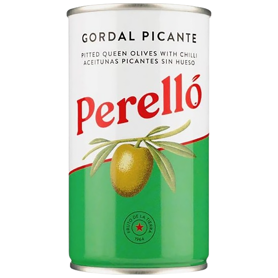 A tin of Perelló Gordal Spicy Pitted Olive