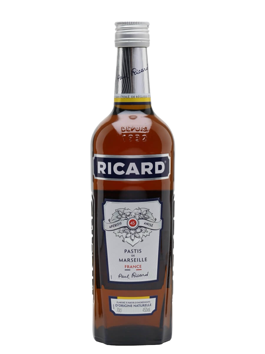 A bottle of Ricard Pastis Marseille liqueur, featuring a dark brown glass bottle with a white and navy blue label, silver neck band, and silver screw cap, set against a plain white background.