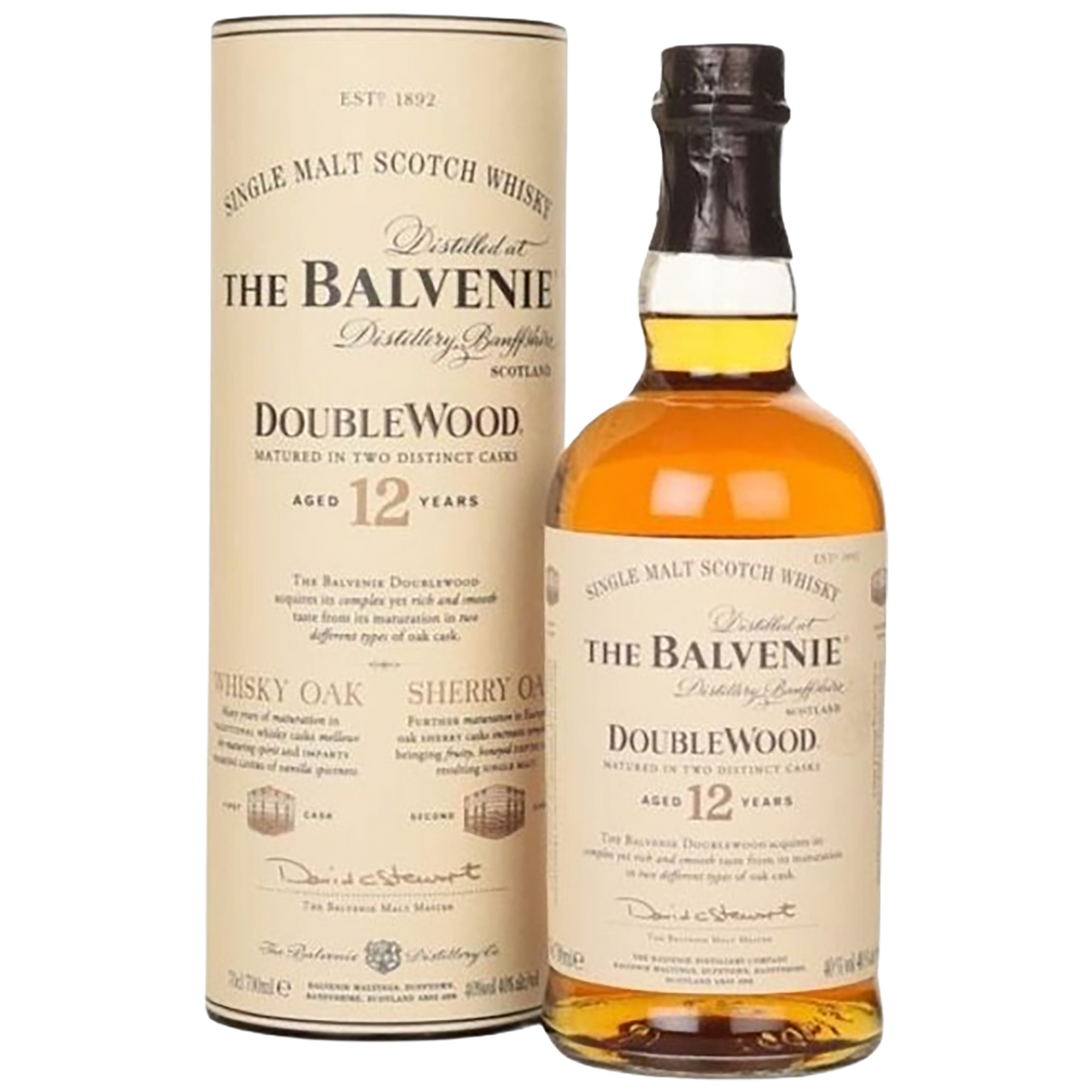 A bottle of The Balvenie 12 Year Old DoubleWood with a gift box