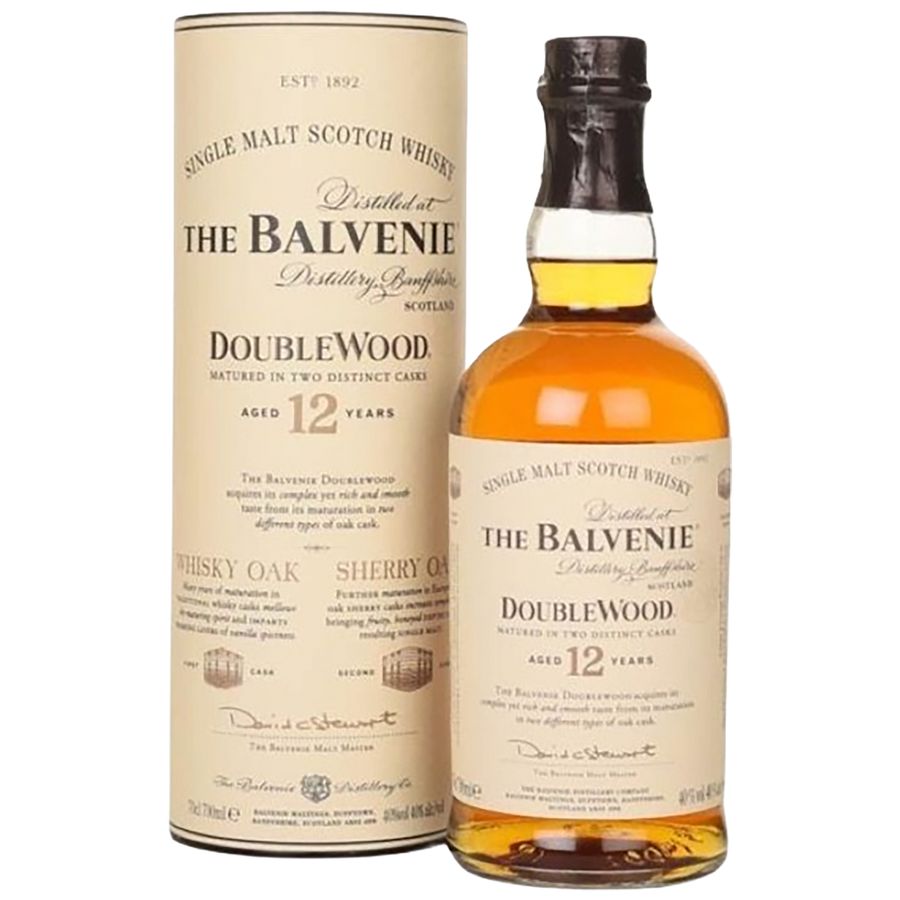A bottle of The Balvenie 12 Year Old DoubleWood with a gift box