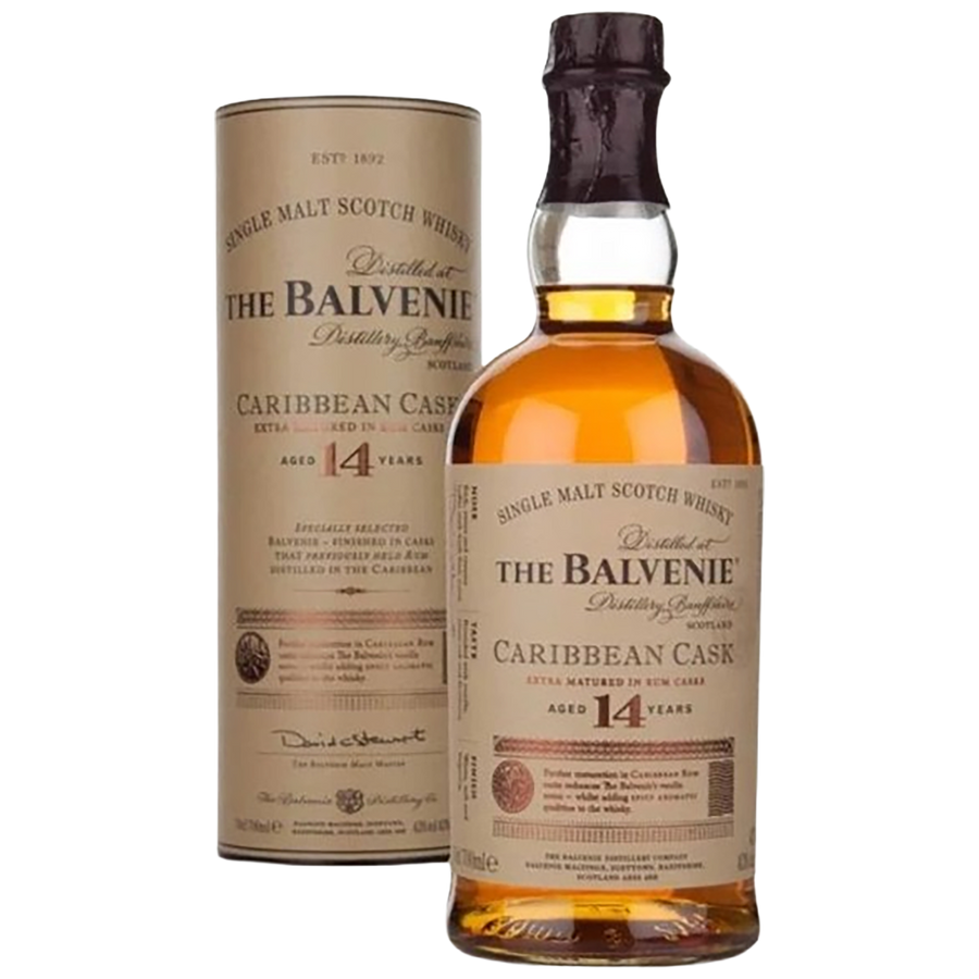A bottle of The Balvenie 14 Year Old Caribbean Cask