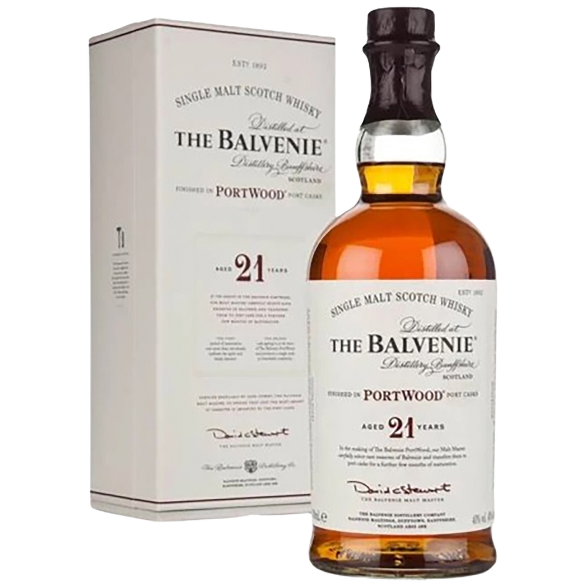 A bottle of The Balvenie 21 Year Old Portwood with a gifft box
