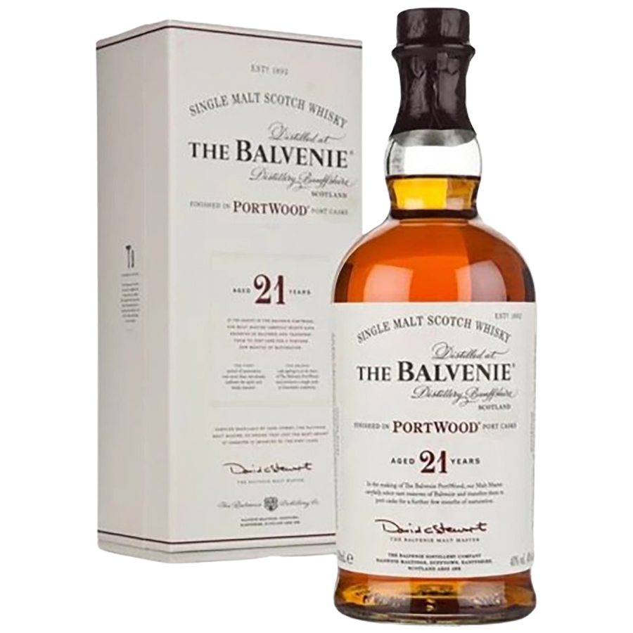 A bottle of The Balvenie 21 Year Old Portwood with a gifft box