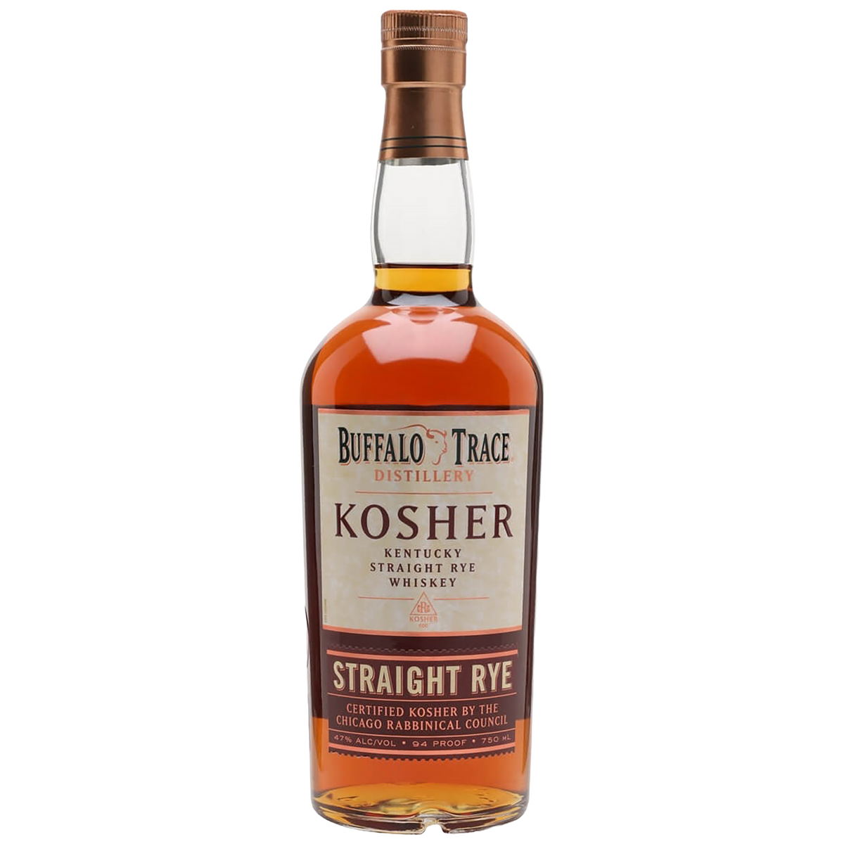 Bottle of Buffalo Trace Kosher Straight Rye Whiskey, available at Blenheim Vintners in St John’s Wood, London NW8.