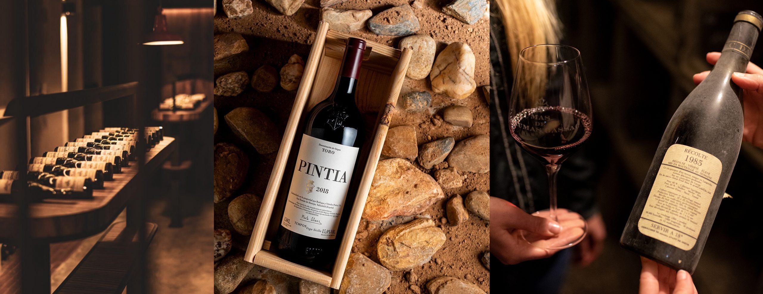 Collage of a wine bottle in a wooden box, a person holding a glass of red wine, and a wine bottle with a label.