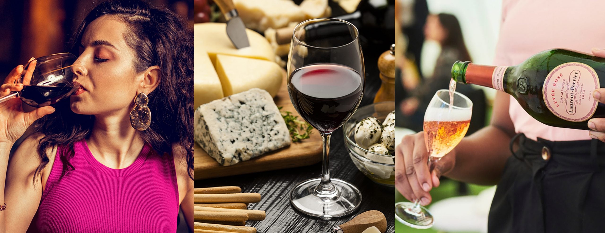 Collage of a woman drinking wine, a glass of red wine with cheese, and a bottle being poured.