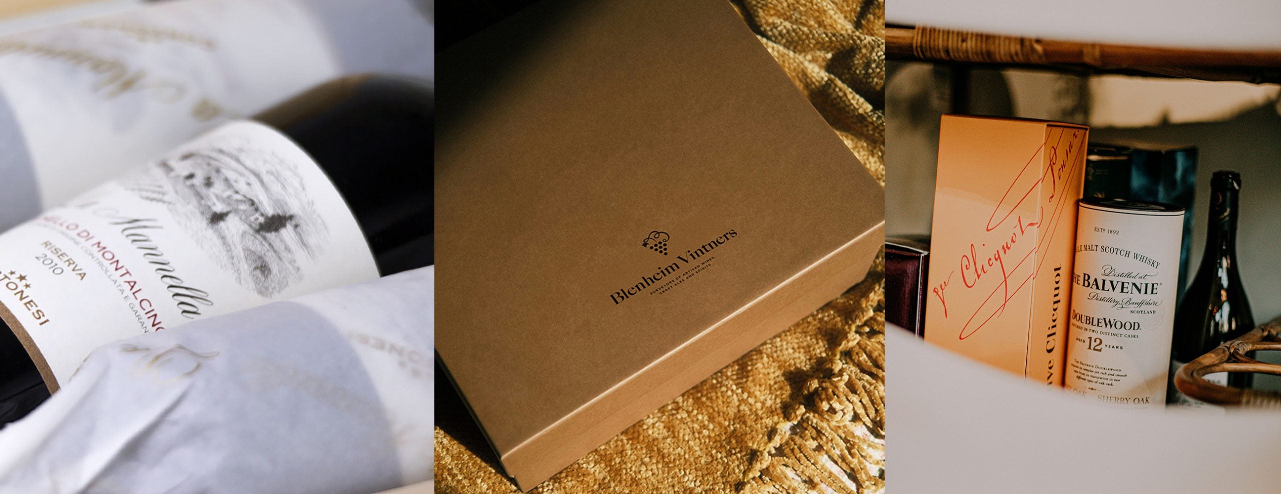 Collage of a wine bottle, a gift hamper, and a bottle of Champagne
