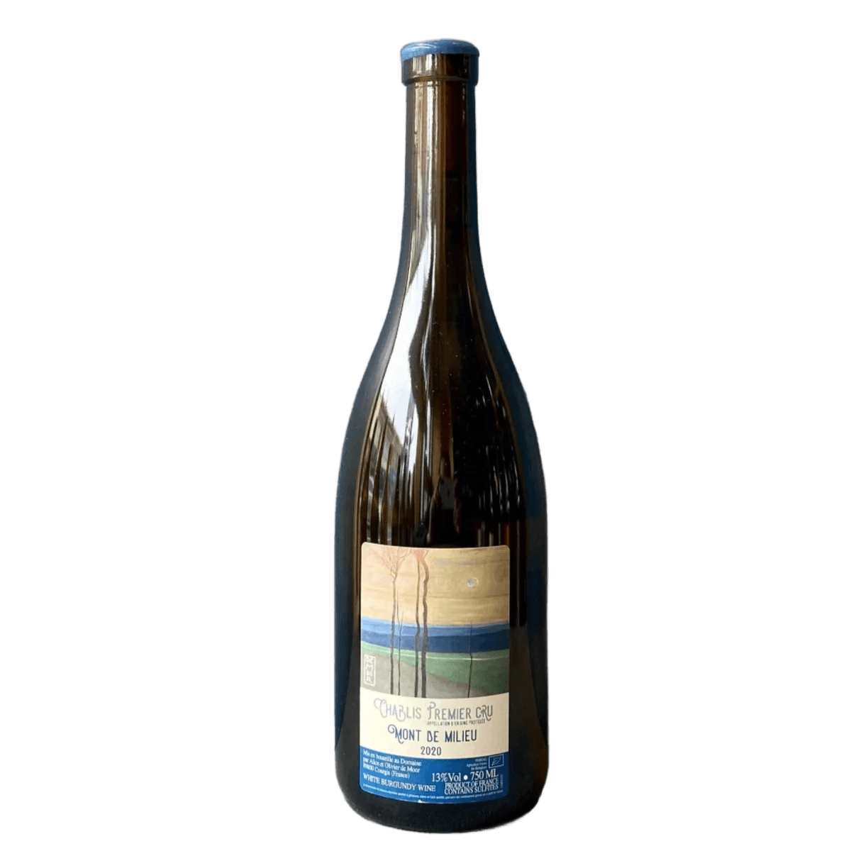 Bottle of De Moor Chablis 1er Cru Mont de Milieu on wood shelf