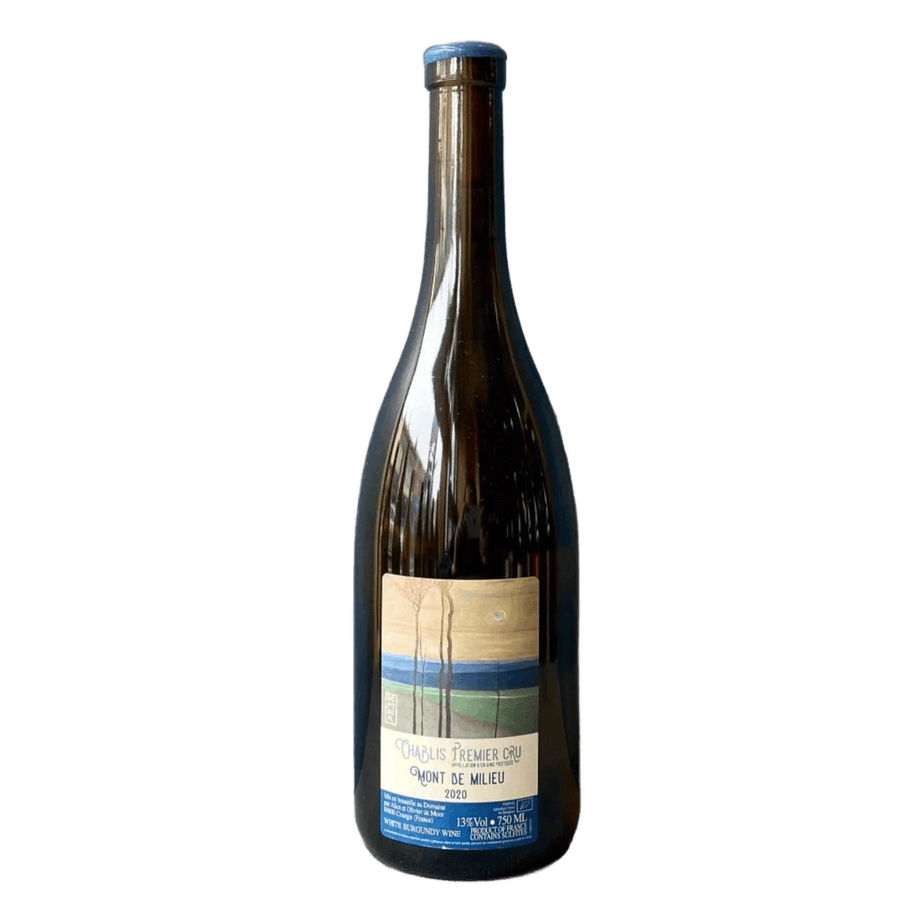 Bottle of De Moor Chablis 1er Cru Mont de Milieu on wood shelf
