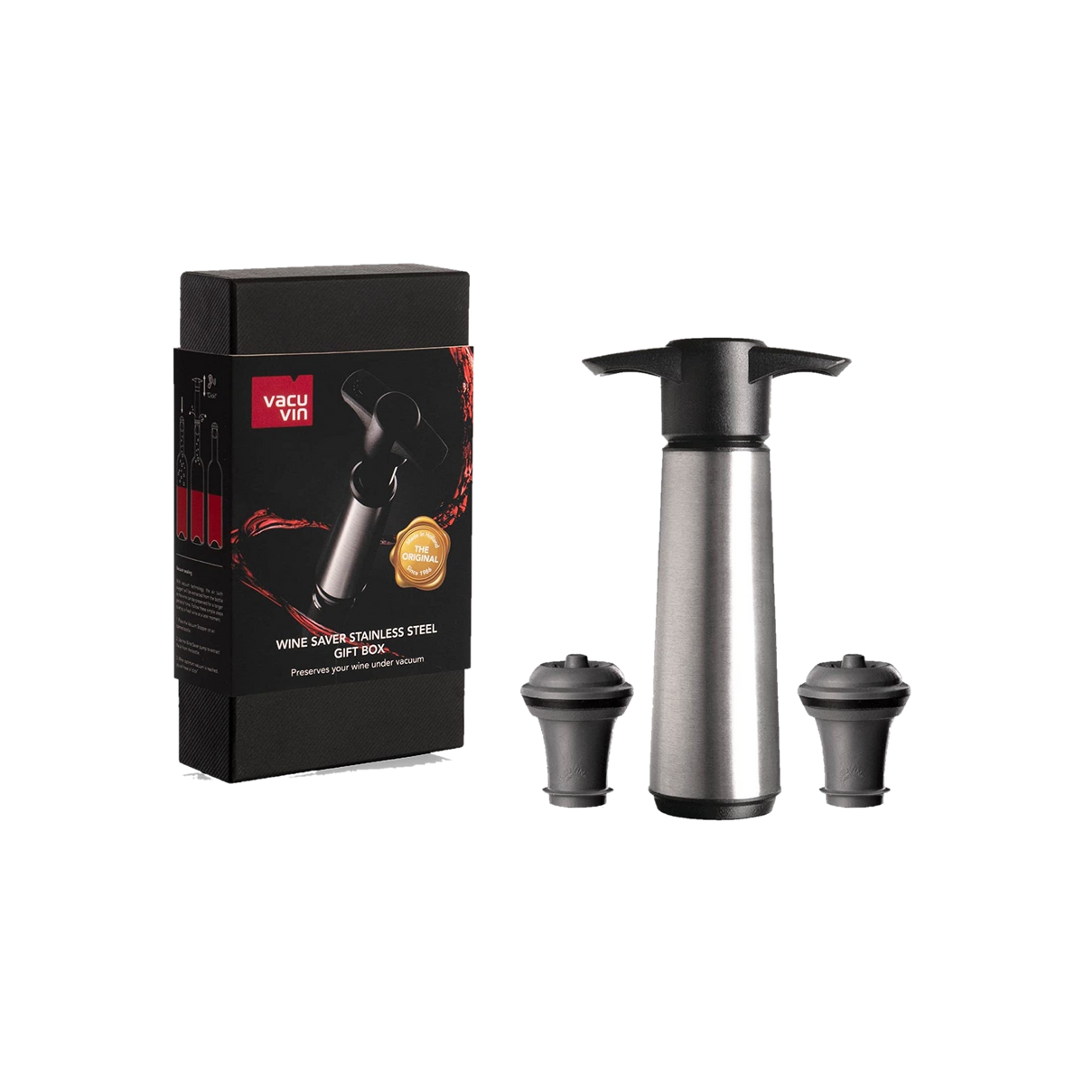 Vacu Vin stainless steel wine saver gift pack with pump, 2 stoppers and black box